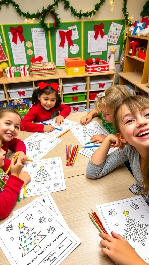 Children engaged in Christmas math coloring activity with festive designs and colorful supplies.